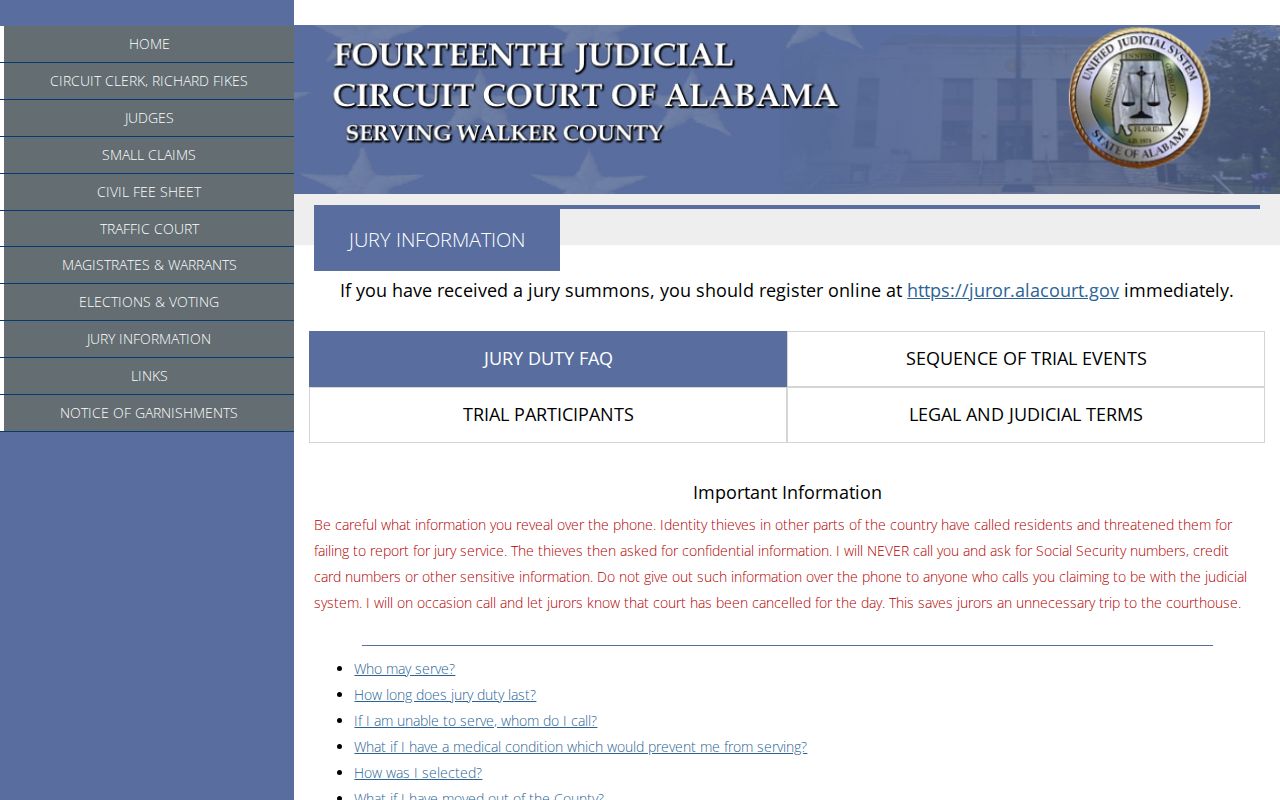 Walker County Circuit Clerk jury information for court service