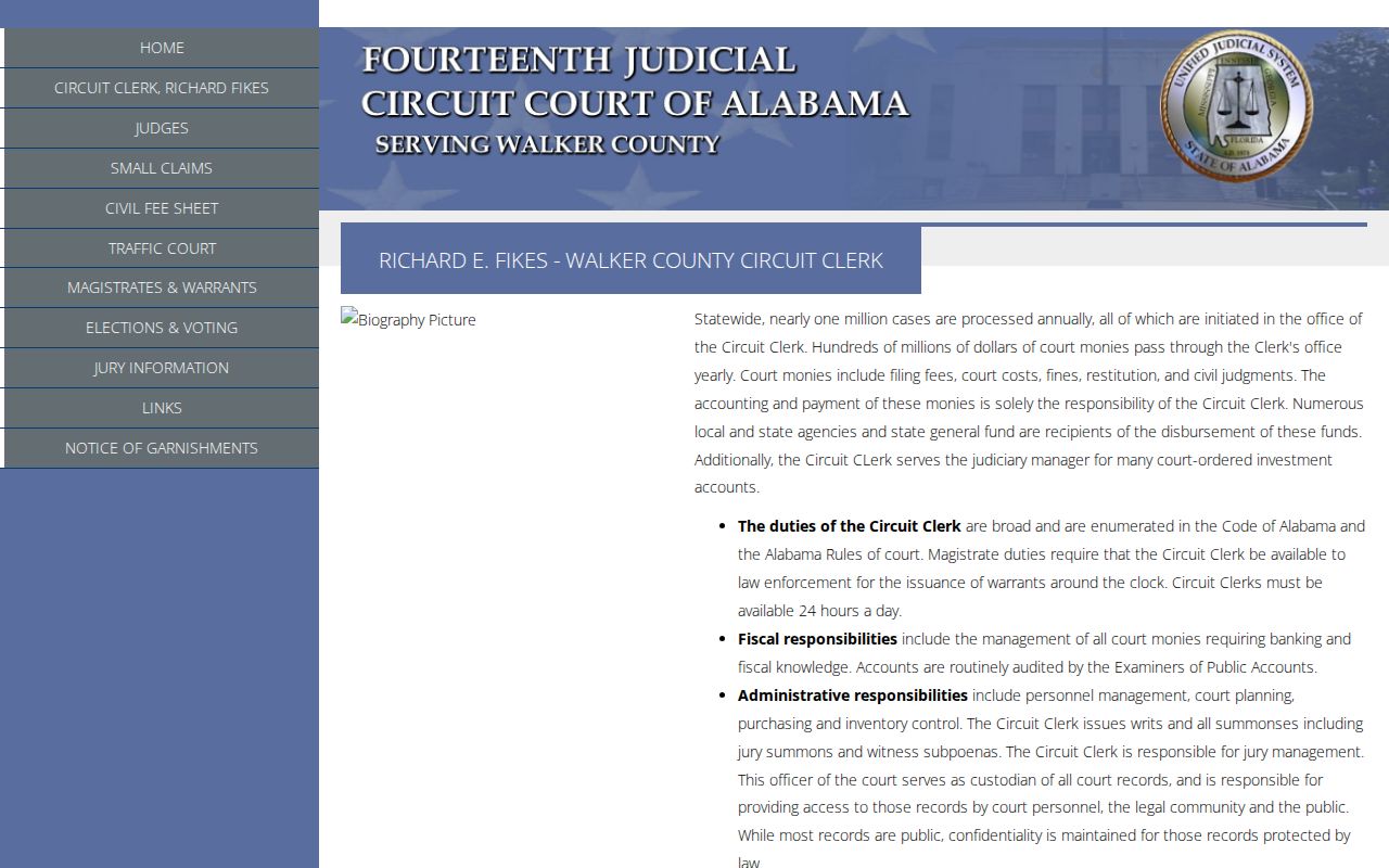 Walker County Circuit Clerk duties and court records custody