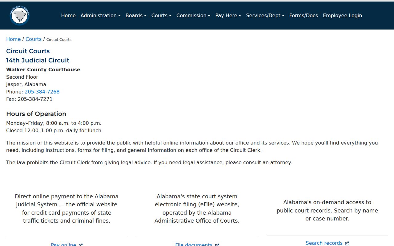 Walker County Circuit Clerk contact page for court records