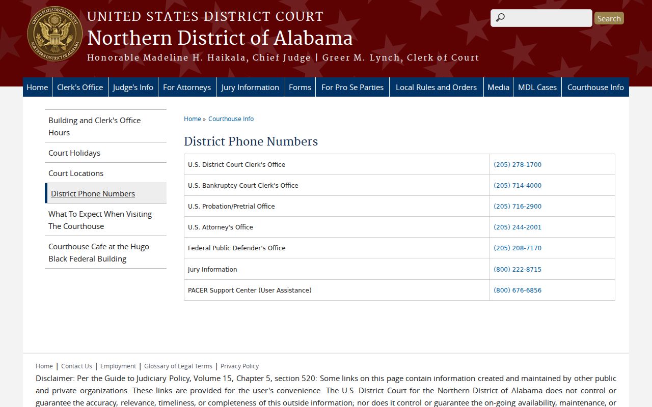 Walker County court dockets Northern District federal court phone directory