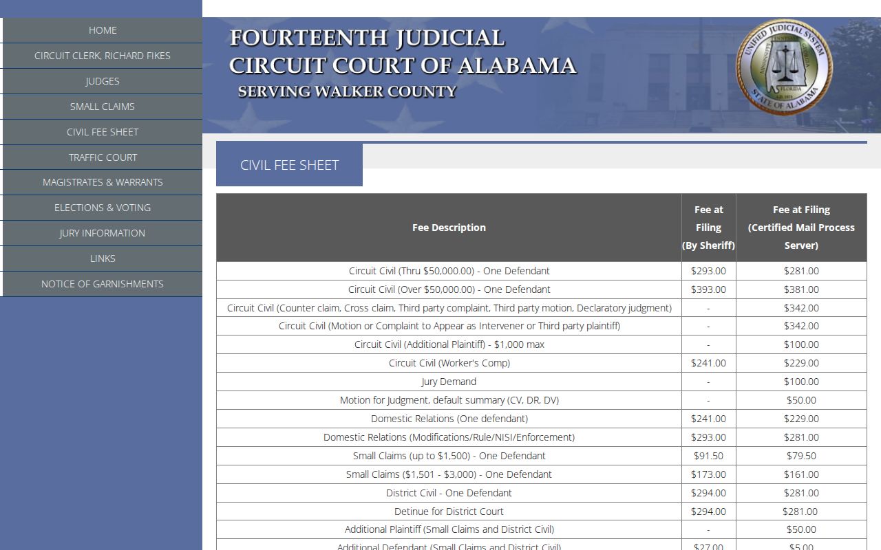 Walker County District Court civil filing fee sheet