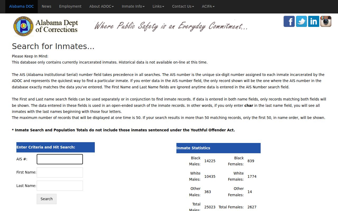 Walker County inmate search option through Alabama Department of Corrections